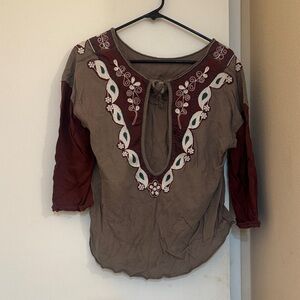 Vintage  Free People Embroidered East West Road Crew tee featuring 3/4 sleeves